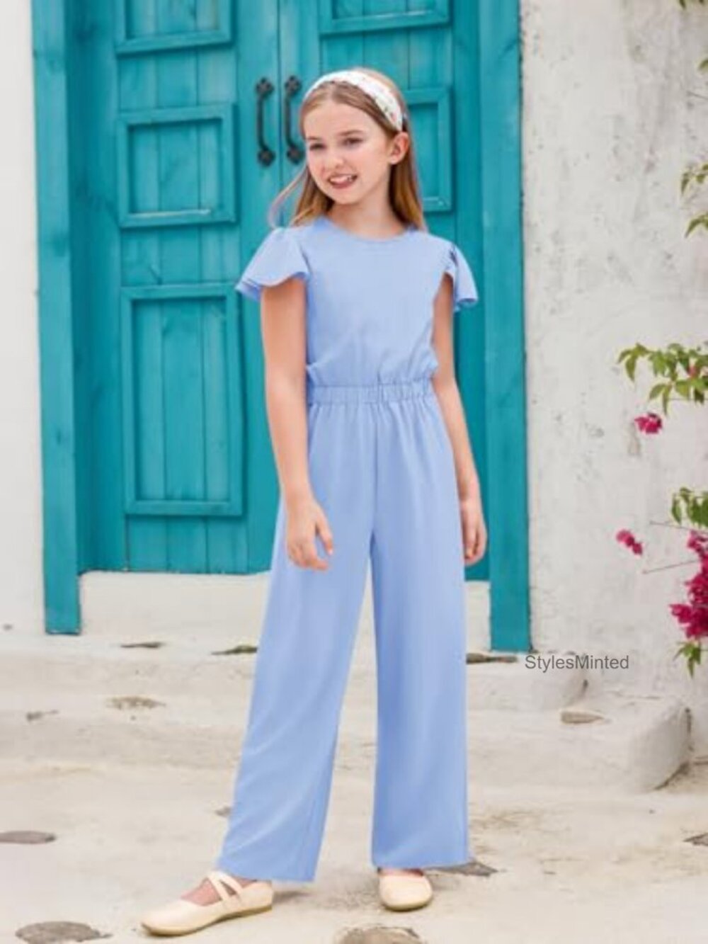 Girls Ruffle Cap Sleeve Wide Leg Jumpsuit Romper with Pockets - Picture 4 of 7